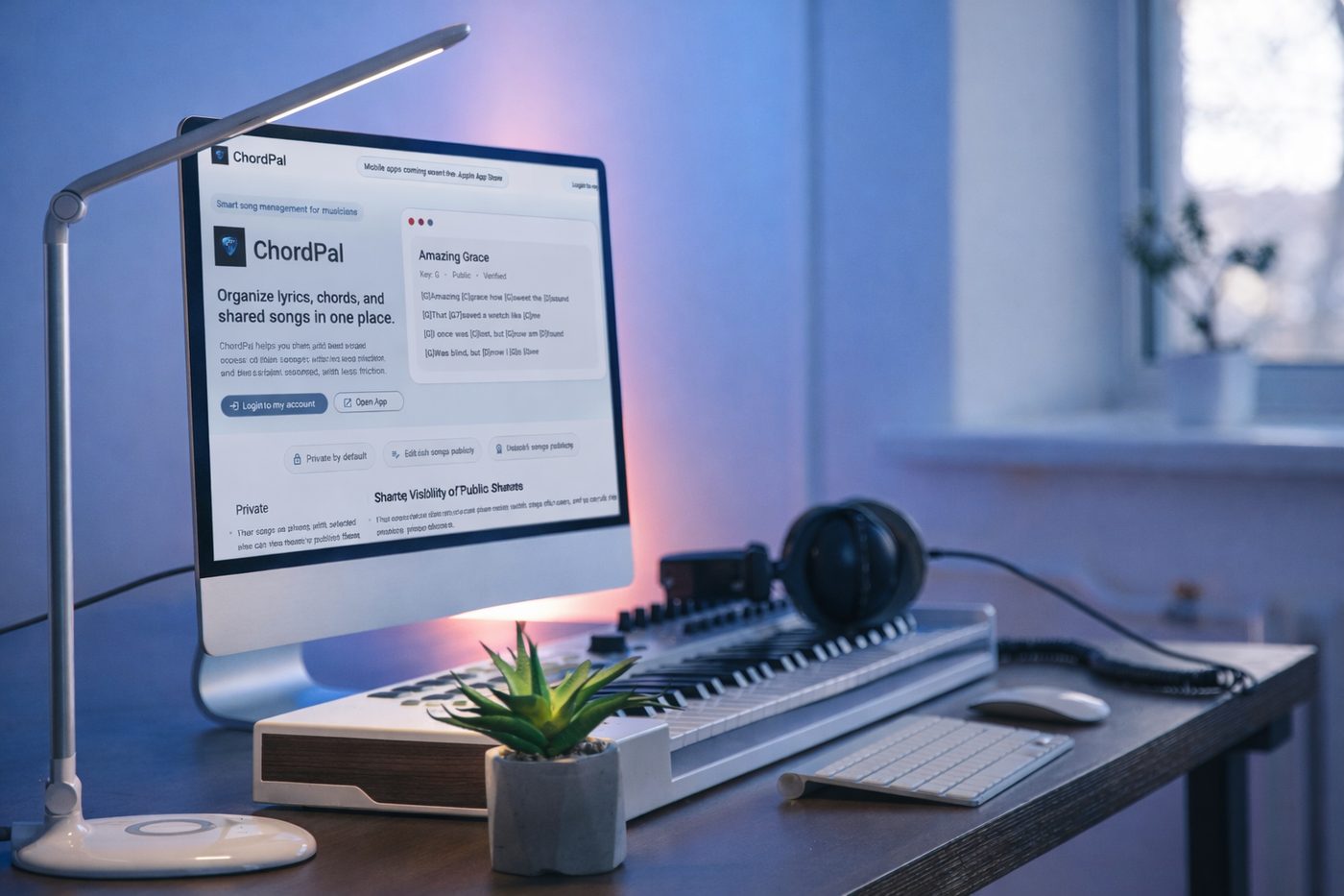 The ChordPal website open on a desktop monitor next to a keyboard and headphones