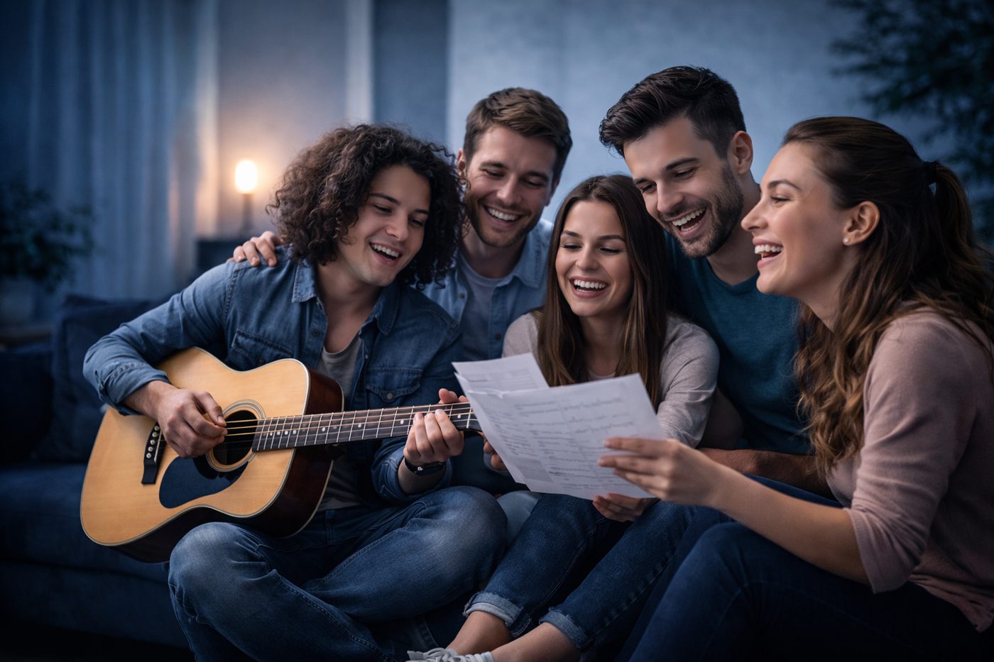 Friends singing together from a chord sheet while one plays guitar
